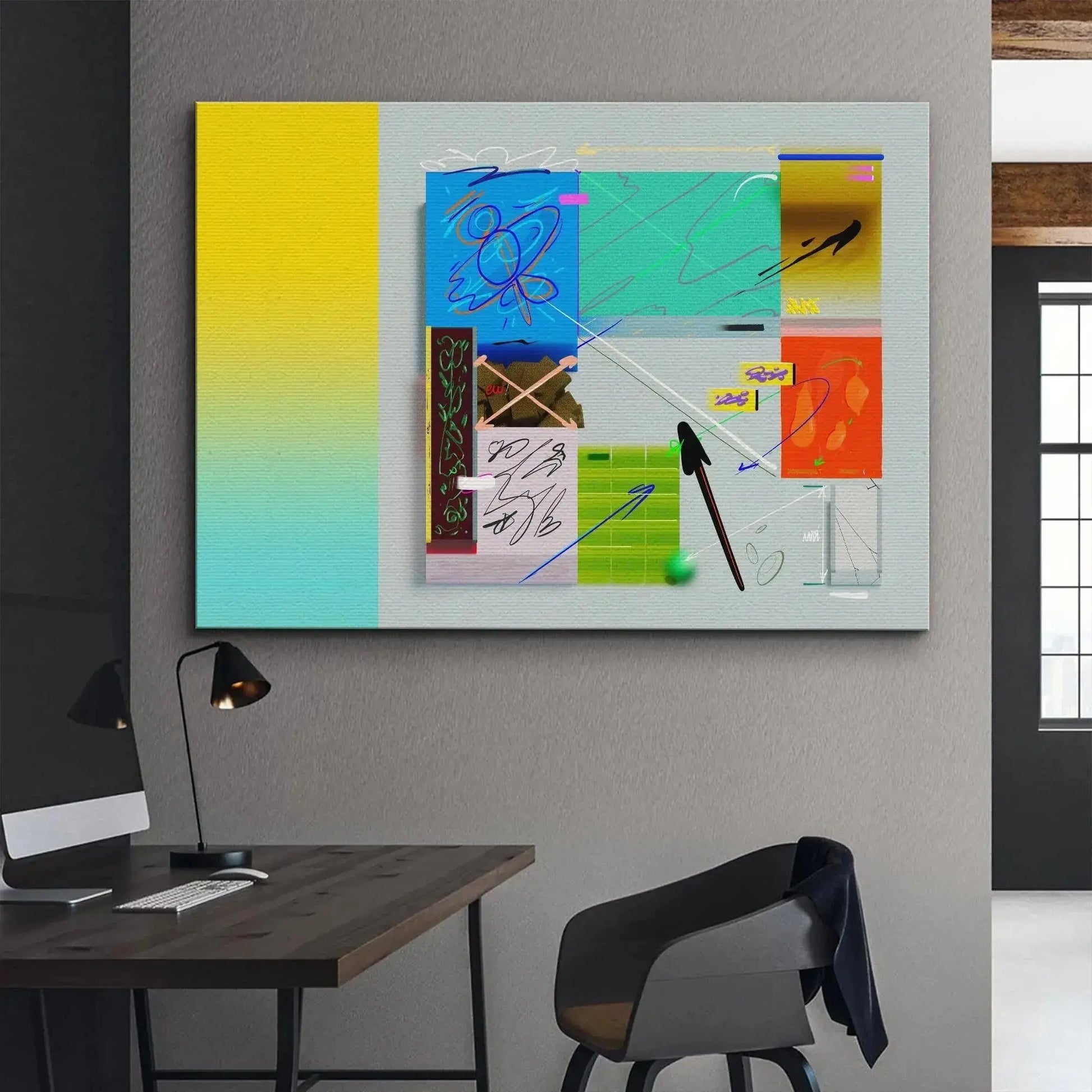 Detailed shot emphasizing the textured olive green and brown geometric sections of the central 'Air E III' panel.