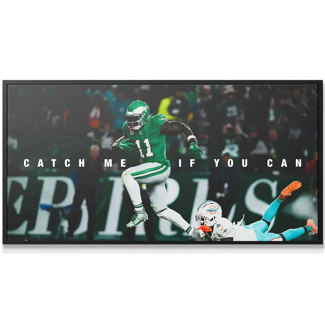 Close-up detail of AJ Brown's focused expression and green Eagles helmet in the Catch Me If You Can artwork.