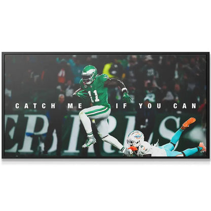Close-up detail of AJ Brown's focused expression and green Eagles helmet in the Catch Me If You Can artwork.