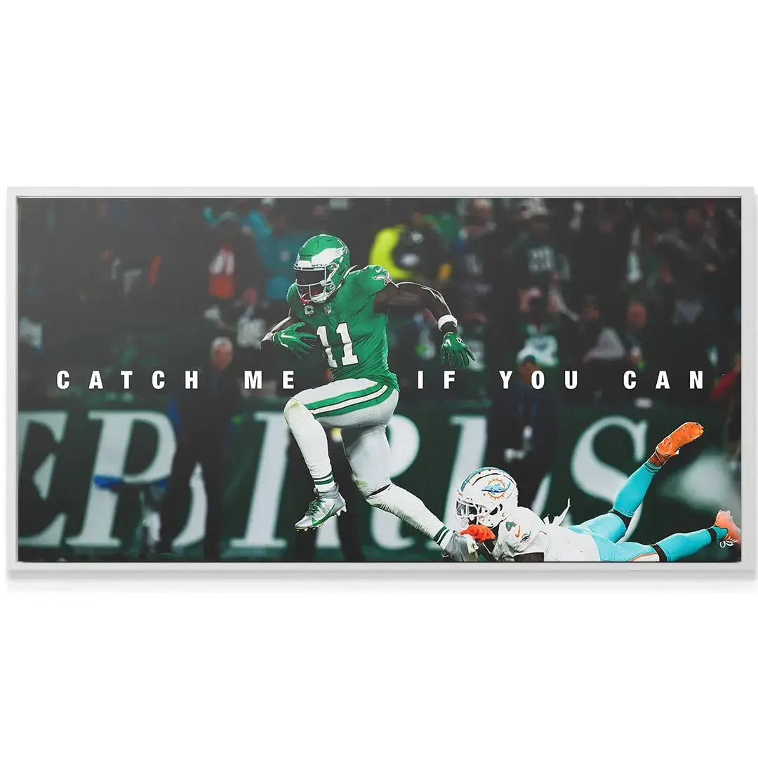 Texture shot emphasizing the vibrant green jersey worn by AJ Brown in the Catch Me If You Can action poster.