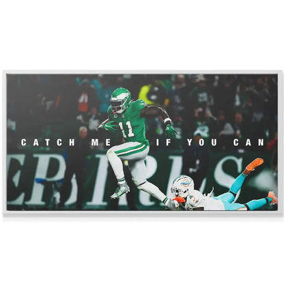 Texture shot emphasizing the vibrant green jersey worn by AJ Brown in the Catch Me If You Can action poster.