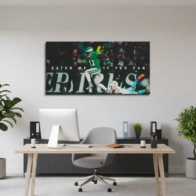 Lifestyle mock-up of the large horizontal AJ Brown - Catch Me If You Can print displayed prominently above a sofa.