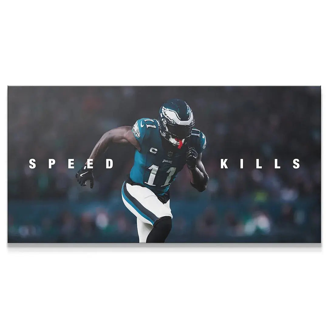 Full panoramic shot of AJ Brown - Speed Kills accelerating downfield in his Eagles uniform.
