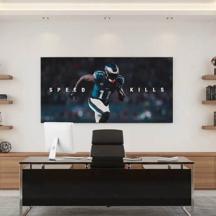 Low-angle perspective emphasizing the powerful leg drive and stride of AJ Brown - Speed Kills.