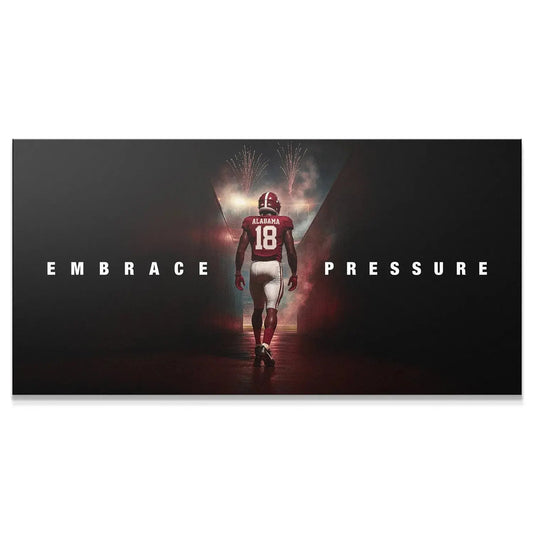 Panoramic view of Player 18 walking toward the stadium fireworks, embodying the 'Alabama - Embrace Pressure' theme.