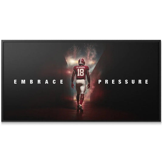 Close-up on the back of the uniform showing the number 18 in the dramatic 'Alabama - Embrace Pressure' photo print.