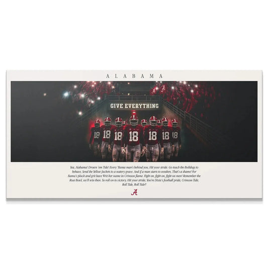 Cinematic view of players and the "GIVE EVERYTHING" banner with the Alabama - Fight Song text below.