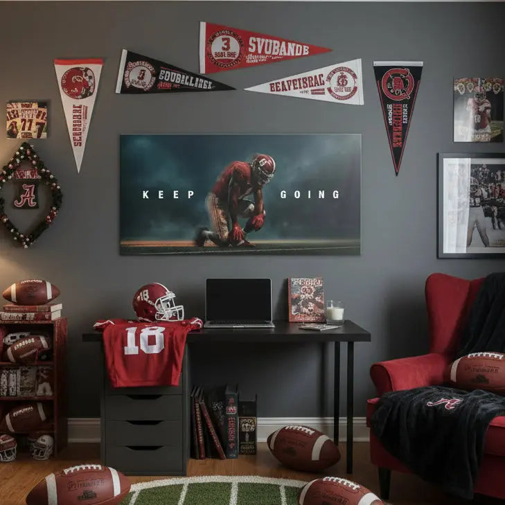 Lifestyle shot of the horizontal 'Alabama - Keep Going' print hanging above a desk in a modern office setting.