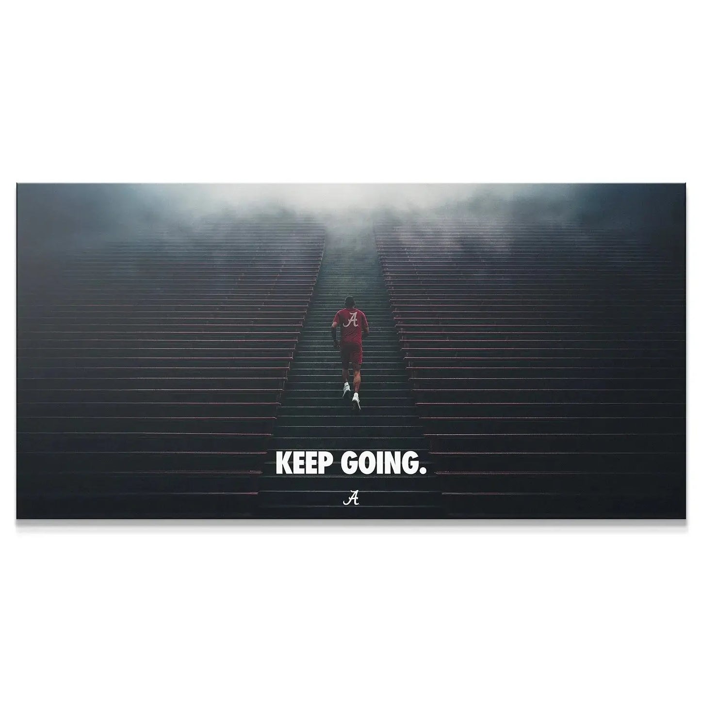 Full view of the inspirational 'Alabama - Keep Going - Stairs' poster showing the runner and text.