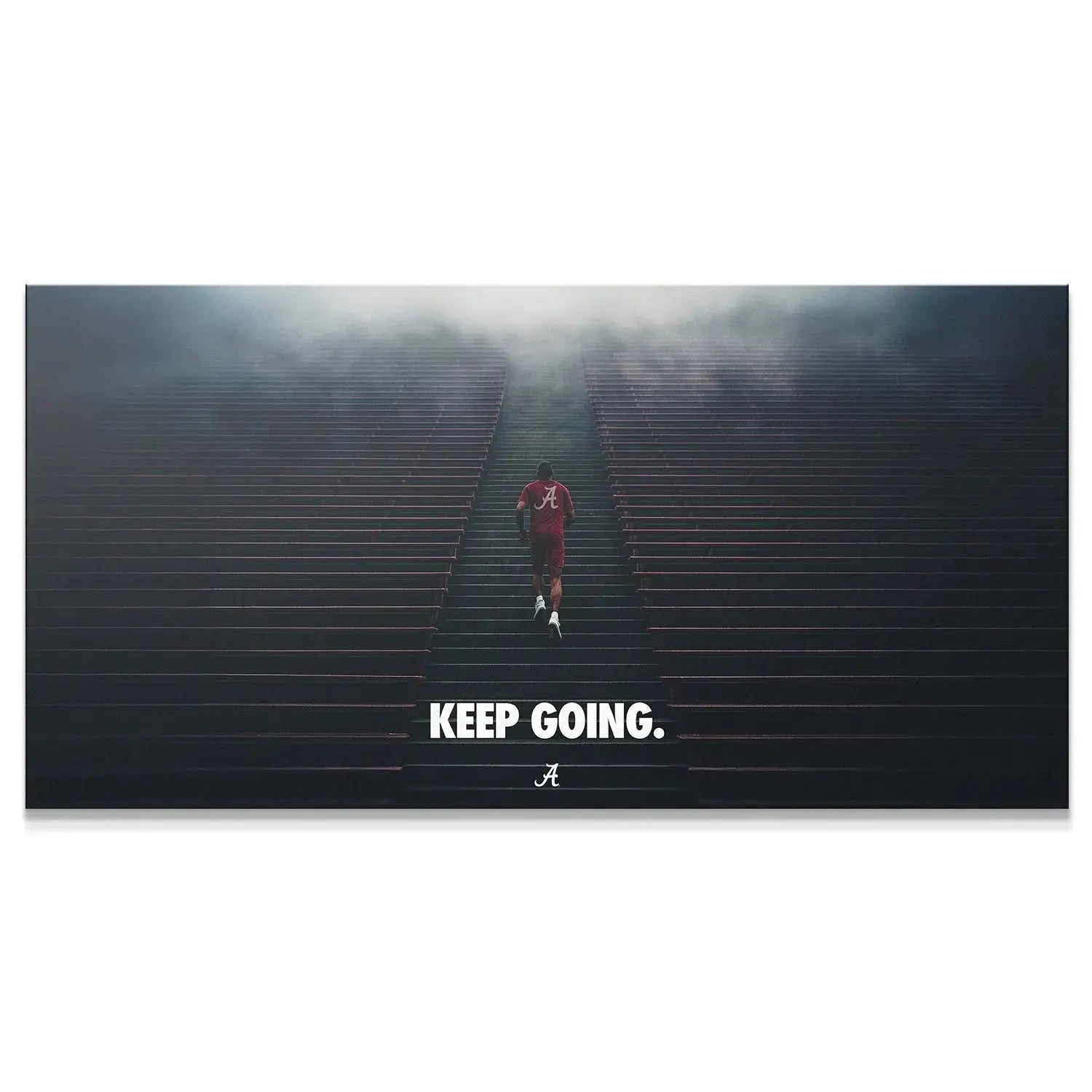 Full view of the inspirational 'Alabama - Keep Going - Stairs' poster showing the runner and text.