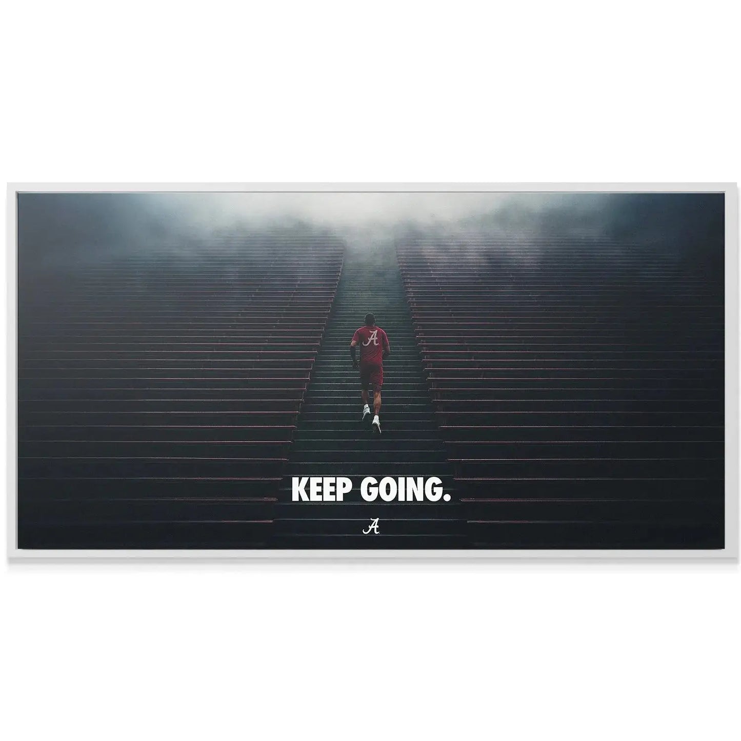 Close-up texture shot of the runner ascending the dark, stone steps in 'Alabama - Keep Going - Stairs'.