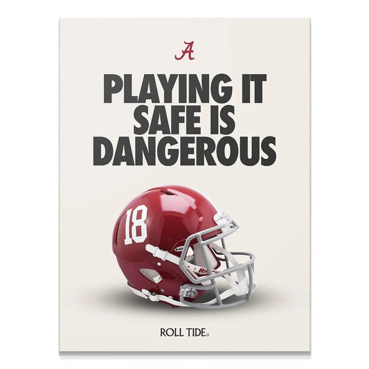 Front view of the motivational 'Alabama - Playing It Safe' poster featuring a crimson football helmet on an off-white background.