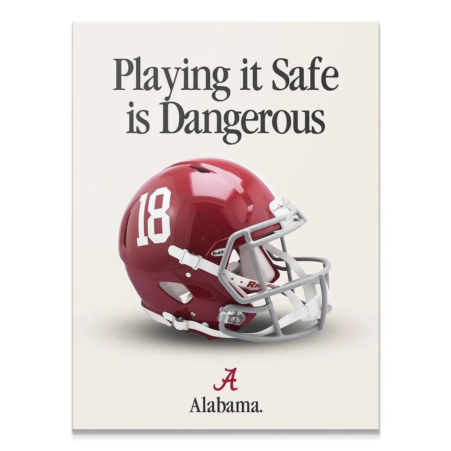 Full image display of the 'Alabama - Playing It Safe V2' poster featuring the helmet and motivational text centered on a light background.
