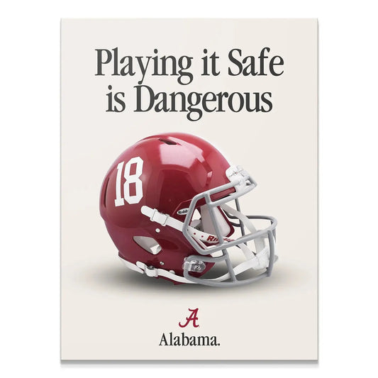 Full image display of the 'Alabama - Playing It Safe V2' poster featuring the helmet and motivational text centered on a light background.