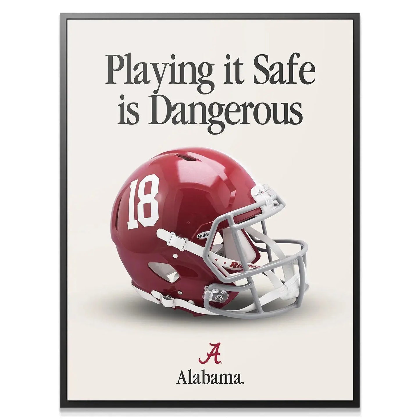 Detailed close-up of the glossy crimson helmet and white number 18 graphic on the 'Alabama - Playing It Safe V2' print.
