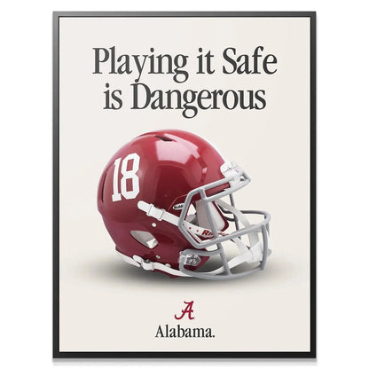 Detailed close-up of the glossy crimson helmet and white number 18 graphic on the 'Alabama - Playing It Safe V2' print.