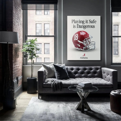 Lower corner view showing the 'A' logo and 'Alabama.' text beneath the helmet on the 'Alabama - Playing It Safe V2' poster.