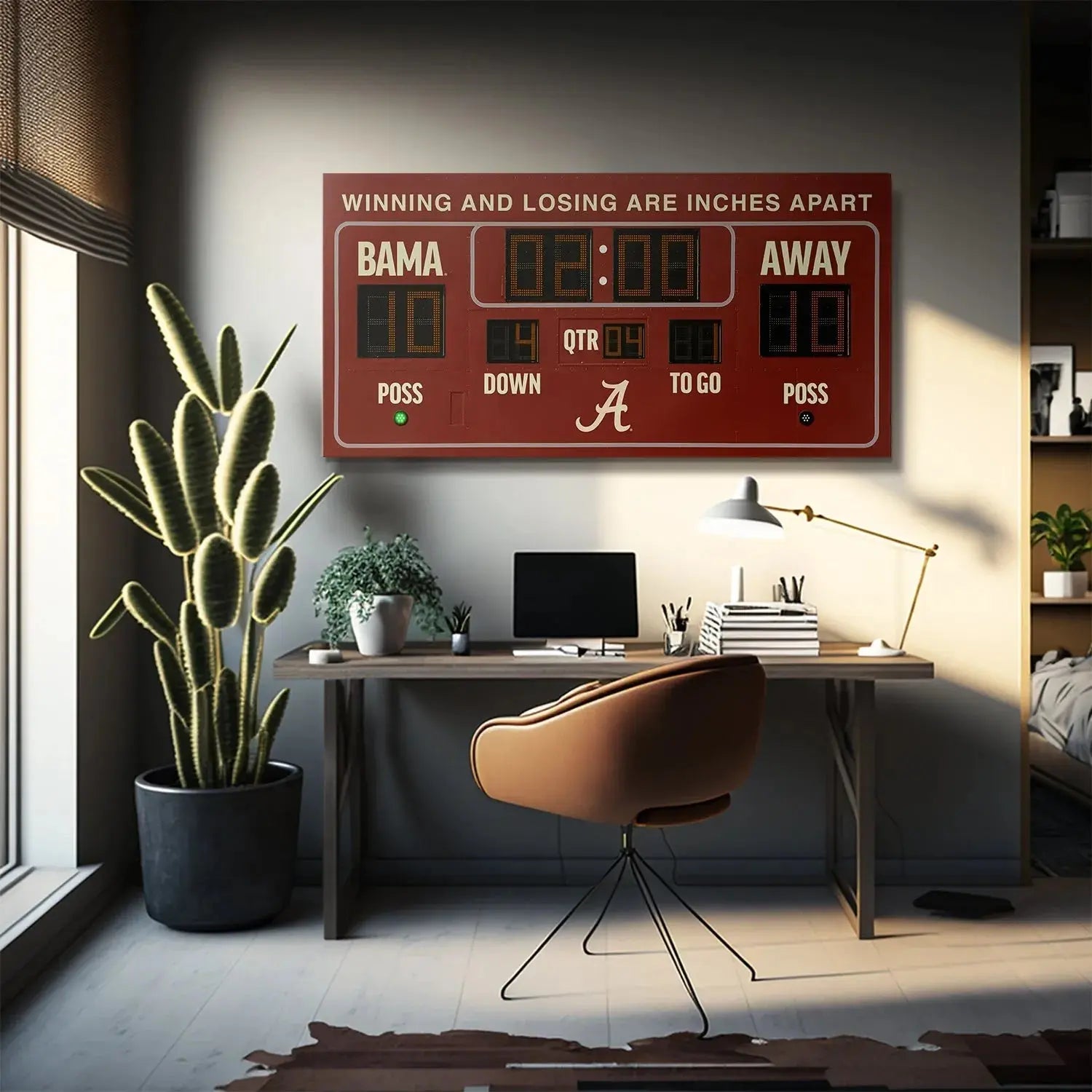 Angled lifestyle perspective of the decorative Alabama - Scoreboard mounted above a couch.