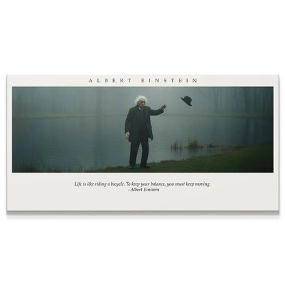 Full panoramic landscape view of the 'Albert Einstein - Keep Moving' print showing the figure by the misty lake.