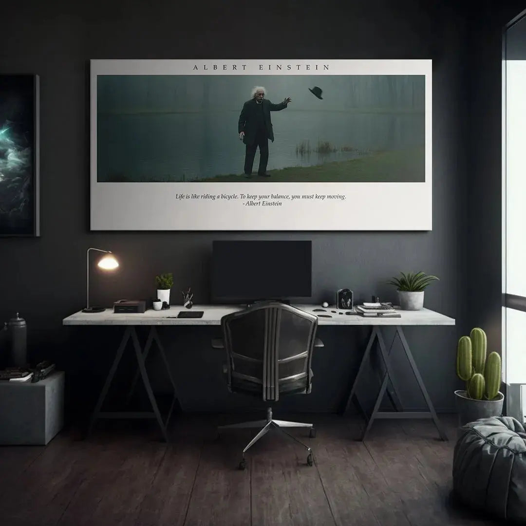Lifestyle shot of the 'Albert Einstein - Keep Moving' print hanging as inspirational decor in a modern home office setting.