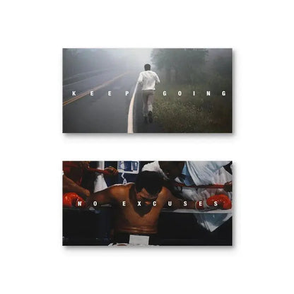 Full view of the Ali Bundle diptych displaying 'Keep Going' runner and 'No Excuses' Ali art.