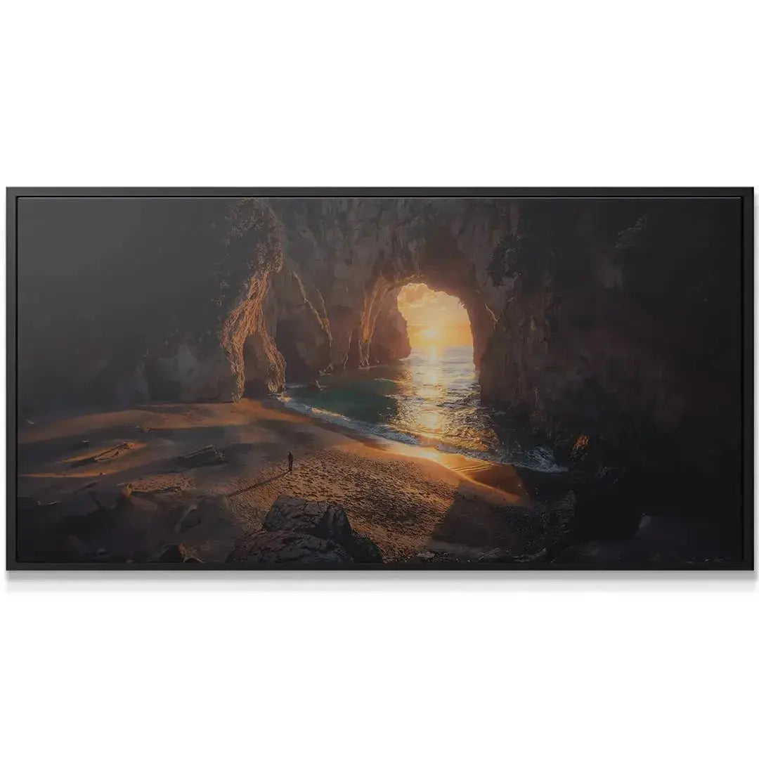 Low angle perspective highlighting the dramatic rock formation and the text 'All Waves Eventually Pass' across the bottom.