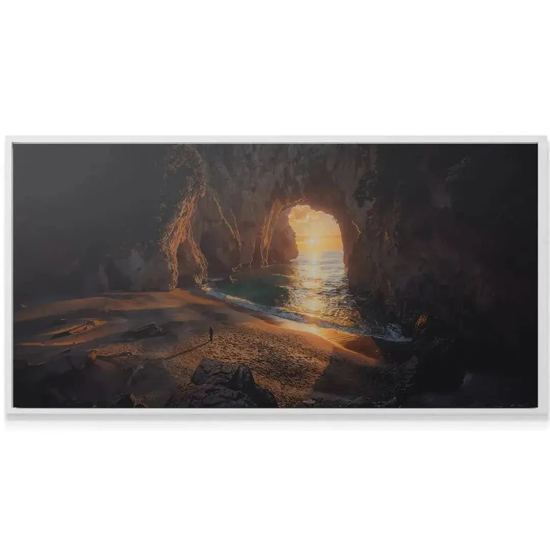 Dramatic lighting contrast showing the glowing orange light through the arch and the message 'All Waves Eventually Pass'.