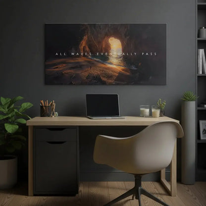 Wide shot illustrating the dark, cavernous shadow surrounding the brilliant exit and the phrase 'All Waves Eventually Pass'.