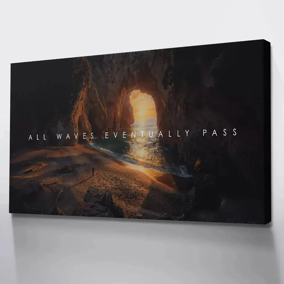 Canvas edge view displaying the wrapped print finish, reinforcing the motivational message 'All Waves Eventually Pass'.