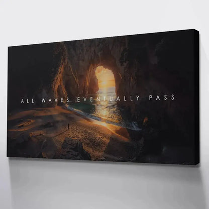 Canvas edge view displaying the wrapped print finish, reinforcing the motivational message 'All Waves Eventually Pass'.