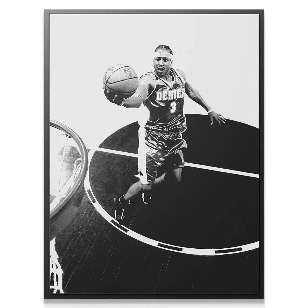Black and white high-contrast canvas print texture featuring Allen Iverson - #2 driving baseline
