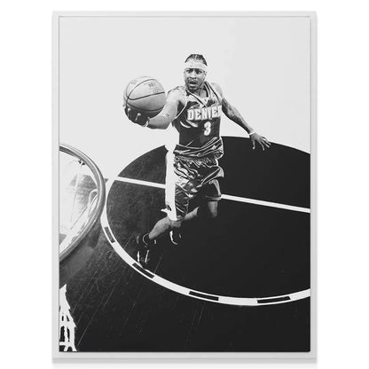 Dynamic low angle view capturing Allen Iverson - #2 soaring towards the hoop during the game