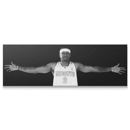 Panoramic shot of Allen Iverson - #4 with arms outstretched in black and white studio setting.
