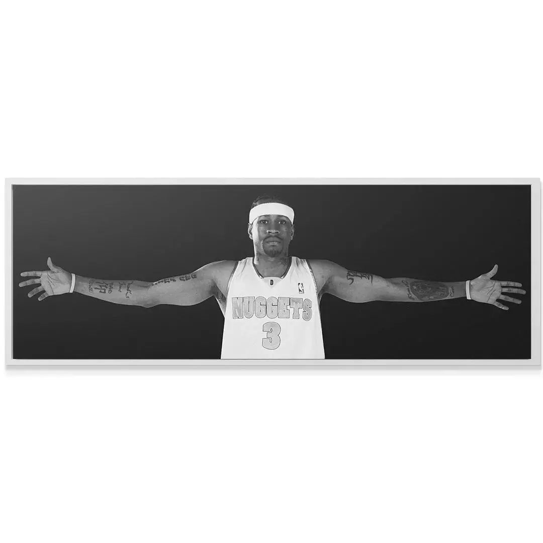 Monochromatic canvas print featuring Allen Iverson - #4, emphasizing jersey texture and shadows.
