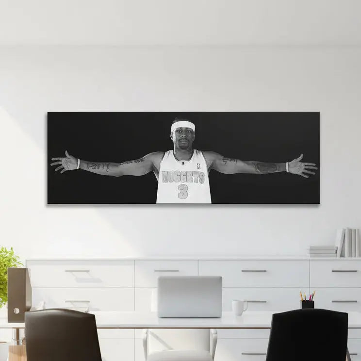 Wide horizontal view of basketball legend Allen Iverson - #4 standing against a dark, minimalist backdrop.