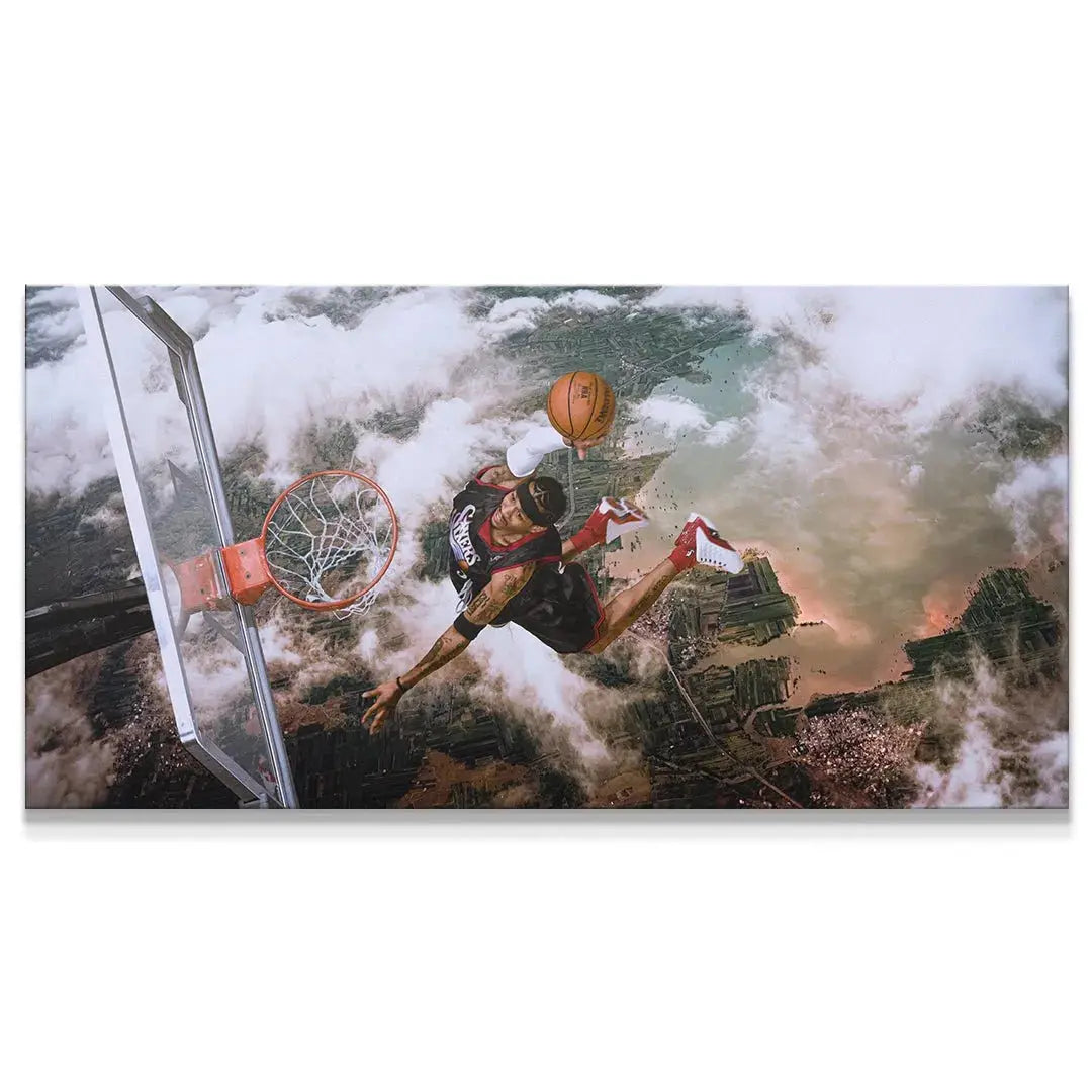 Allen Iverson - Aerial panoramic view showing the full scope of the cloud-level dunk and city background.