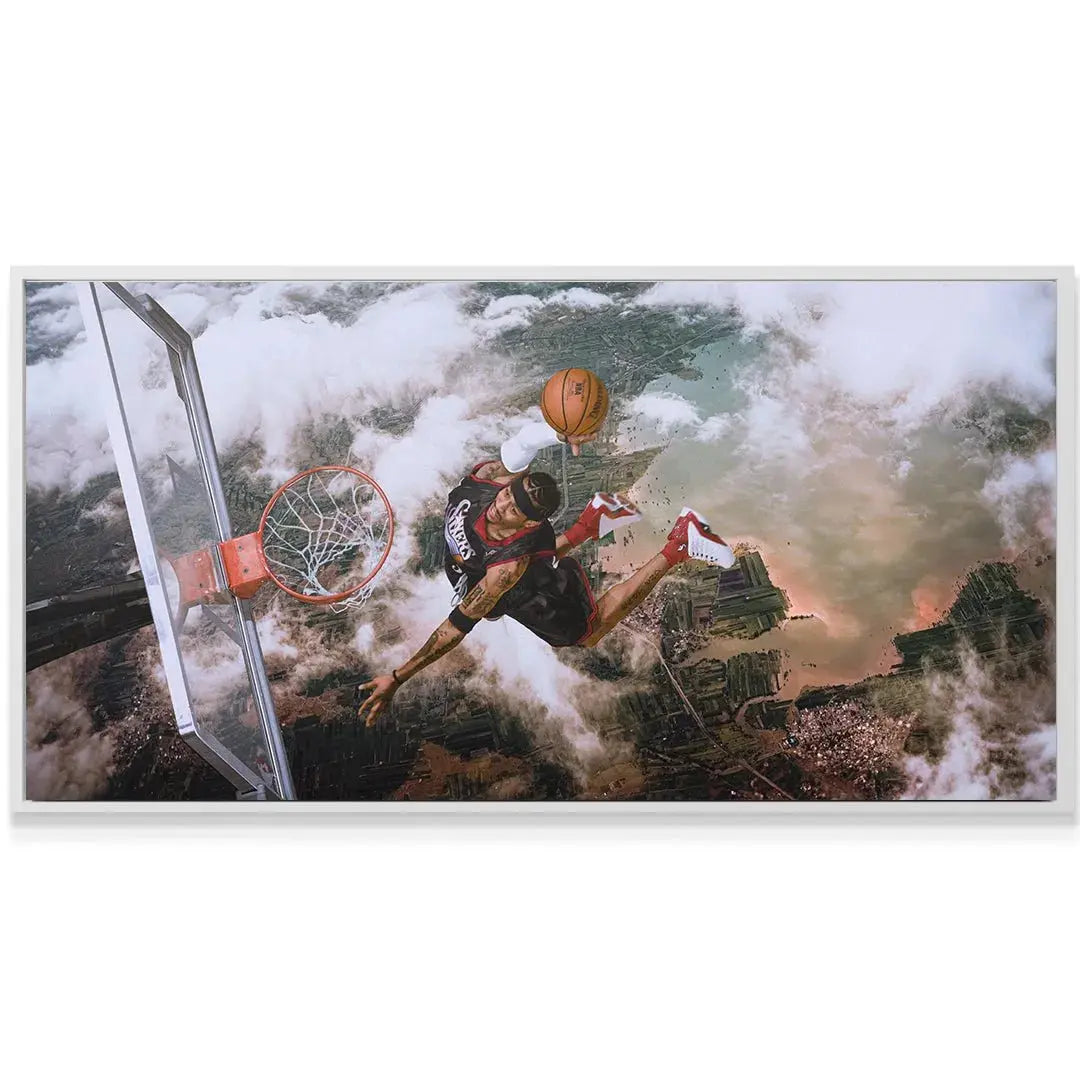Lifestyle shot of Allen Iverson - Aerial canvas art mounted in a modern, dark-themed living room setting.