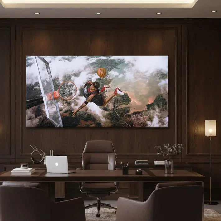 High-angle perspective of the Allen Iverson - Aerial print emphasizing the downward view of the court and city.