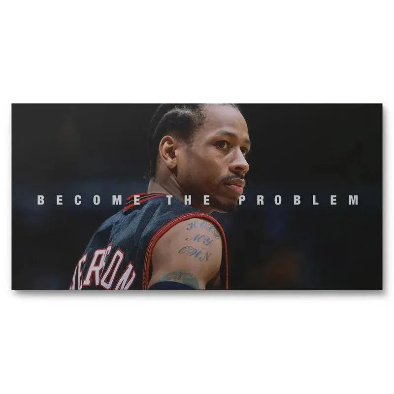 Close-up of Allen Iverson’s intense facial expression in the "Allen Iverson - Become The Problem" motivational print.