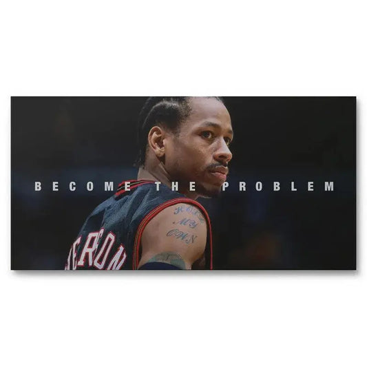 Close-up of Allen Iverson’s intense facial expression in the "Allen Iverson - Become The Problem" motivational print.