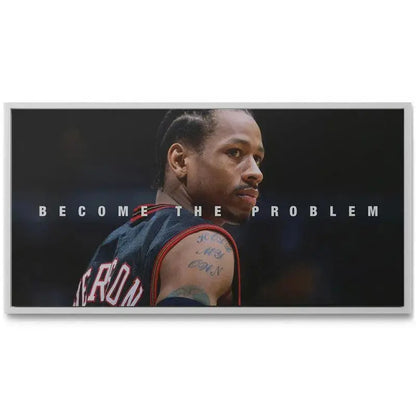 Lifestyle depiction of the large canvas texture featuring Allen Iverson - Become The Problem in a modern game room setting.