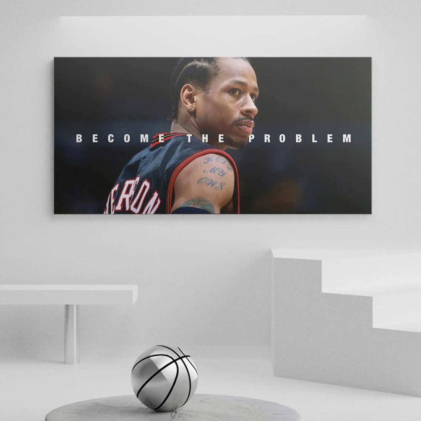 Detailed angle focusing on AI's iconic arm tattoos visible in the "Allen Iverson - Become The Problem" image.