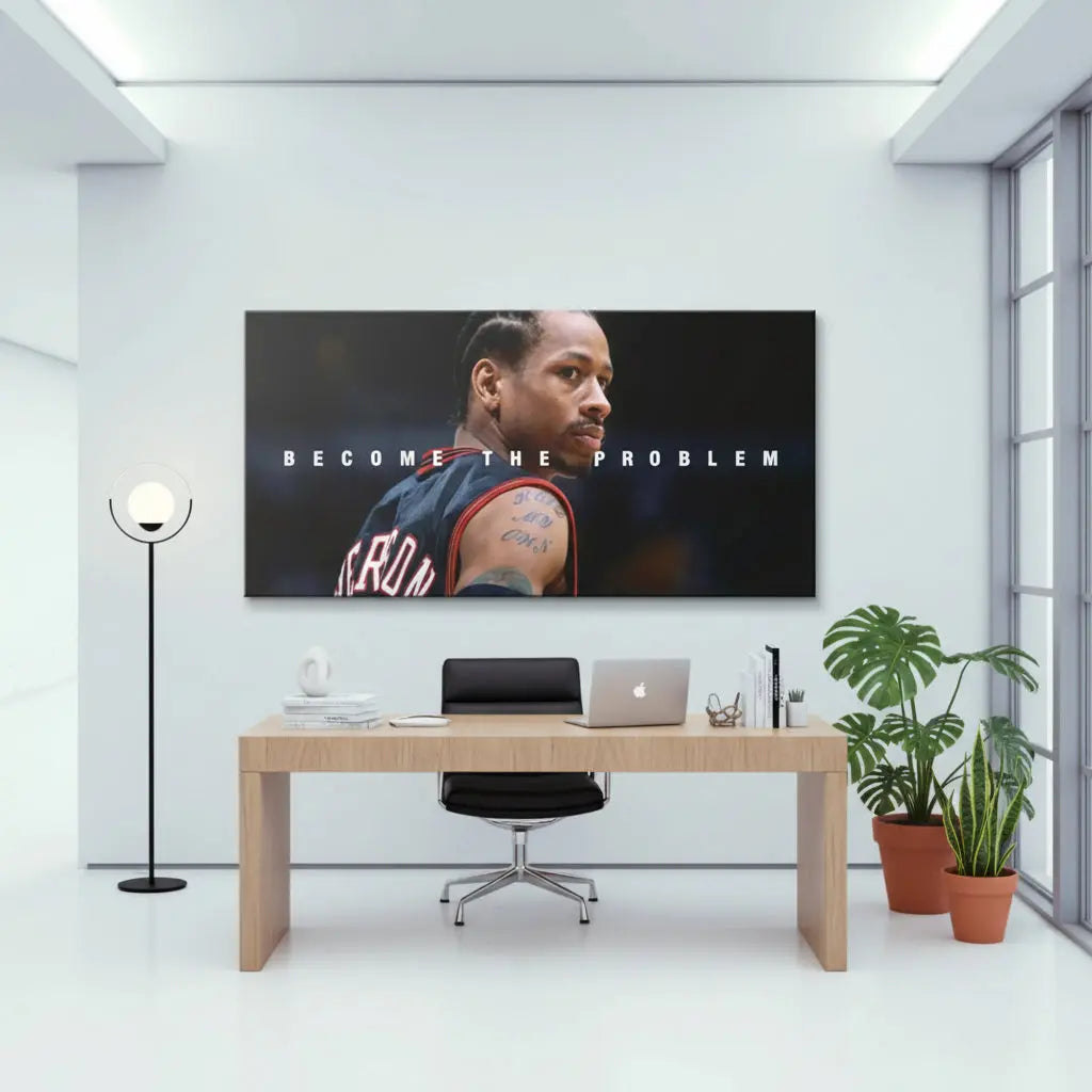 High-contrast profile view highlighting the focused gaze of Allen Iverson - Become The Problem on the court.