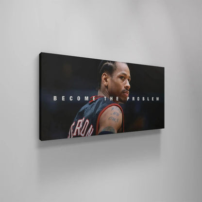 Horizontal panoramic crop emphasizing the dark background and typography of "Allen Iverson - Become The Problem" poster.