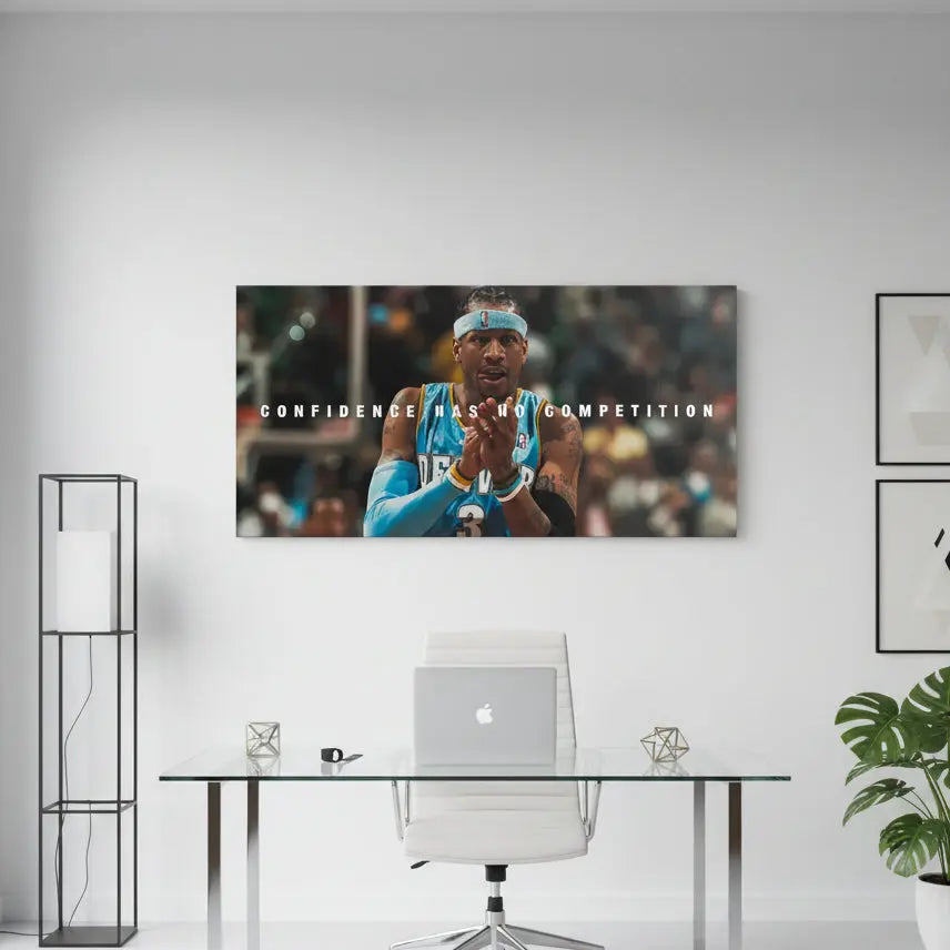 High-angle view of the textured print material for the 'Allen Iverson - Confidence Has No Competition' poster.