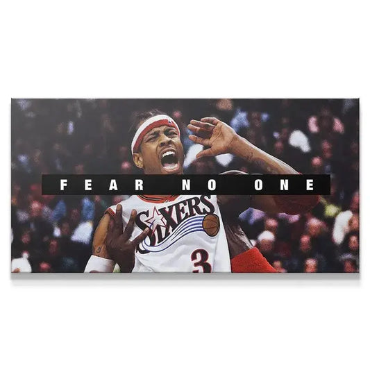 Close-up of Allen Iverson's intense expression emphasizing the 'Fear No One' text overlay on the poster.