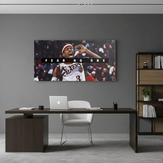 Allen Iverson - Fear No One screaming passionately mid-game in his Philadelphia 76ers jersey number 3.