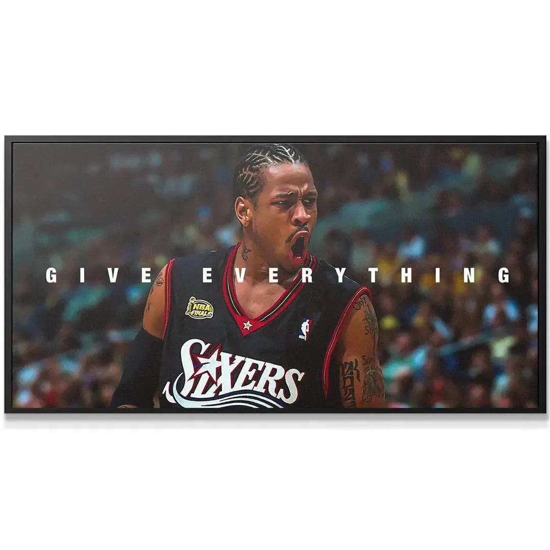 Panoramic lifestyle shot of the black Sixers jersey worn by Allen Iverson - Give Everything artwork.