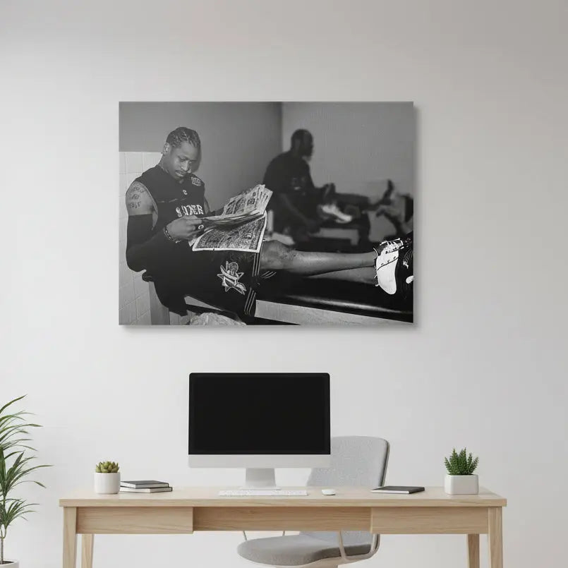 Focus on newspaper texture: High-contrast shot emphasizing the crumpled newspaper AI is reading, defining the spirit of 'Allen Iverson - Headlines'.