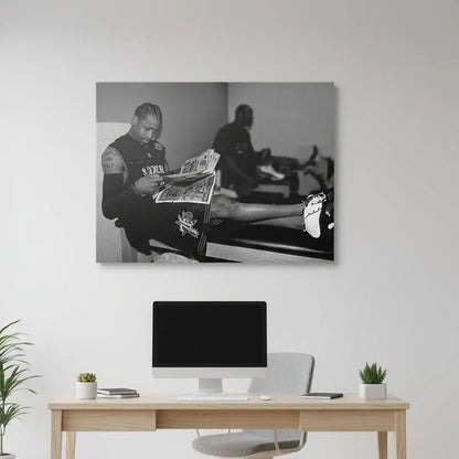 Focus on newspaper texture: High-contrast shot emphasizing the crumpled newspaper AI is reading, defining the spirit of 'Allen Iverson - Headlines'.